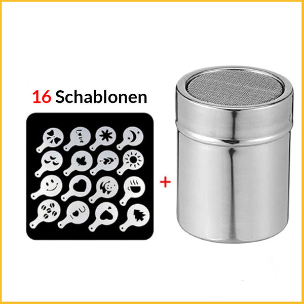 Kaffee-Schokostreuer aus Edelstahl mit 16 Schablonen
