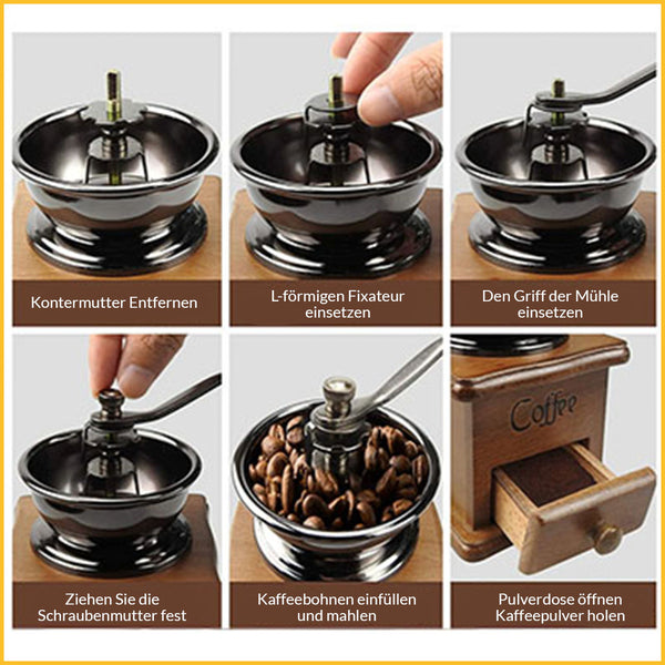 Anweisungen für Retro Kaffeemühle aus Holz und Stahl