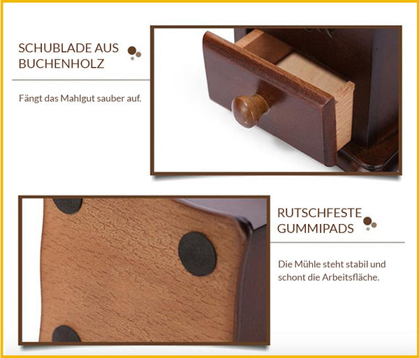 Nahaufnahme der Schublade und Unterseite von der manuellen Kaffeemühle